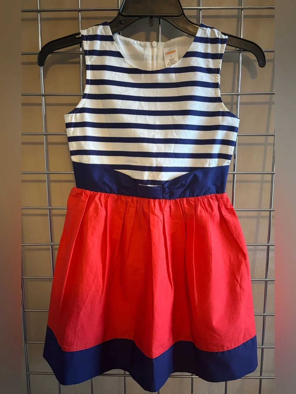 Gymboree Navy, White & Red Striped Waist-Bow Girls Dress Sz 8 Modest